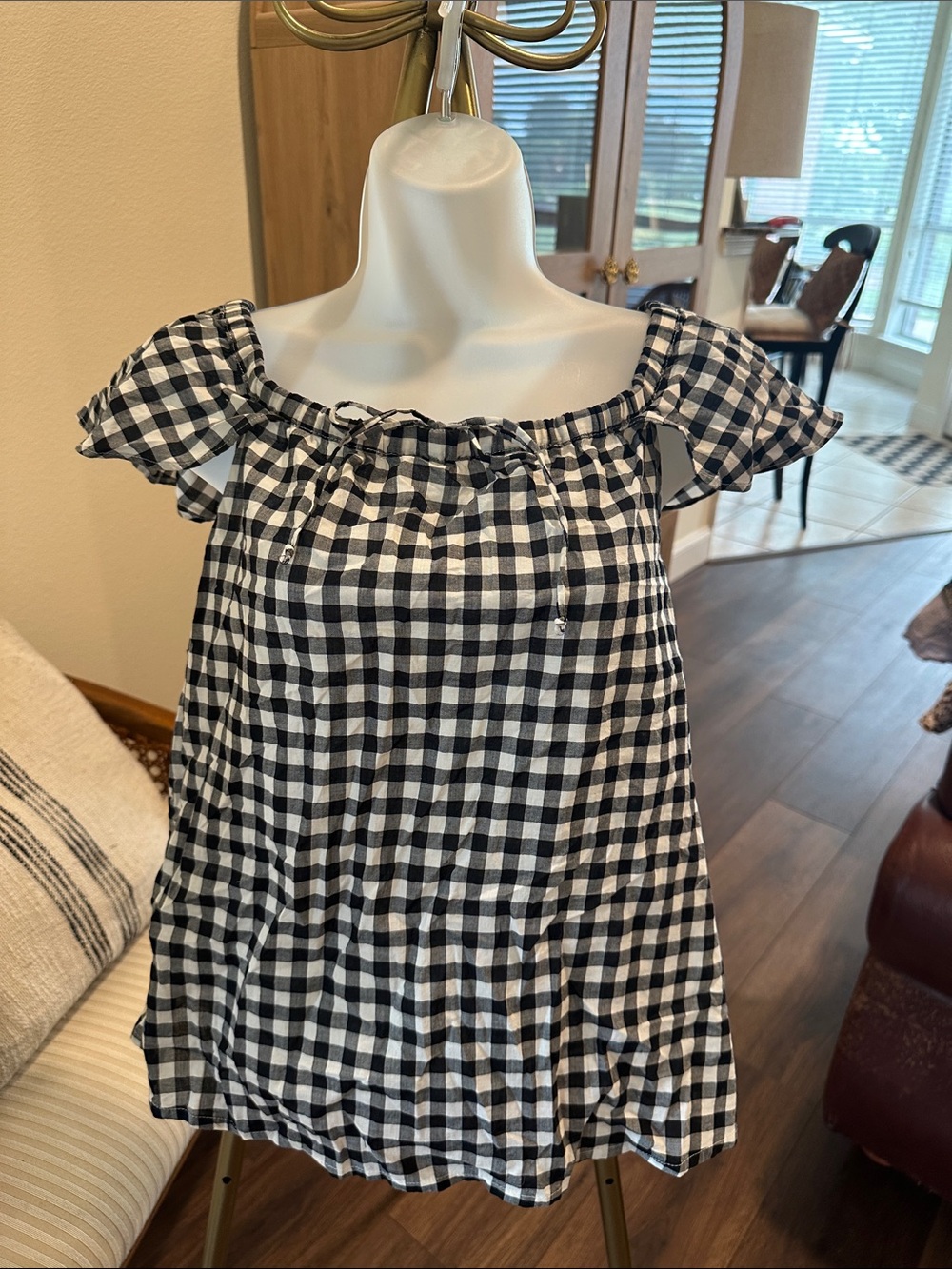 J crew Black and White Gingham cap sleeve Women's Top